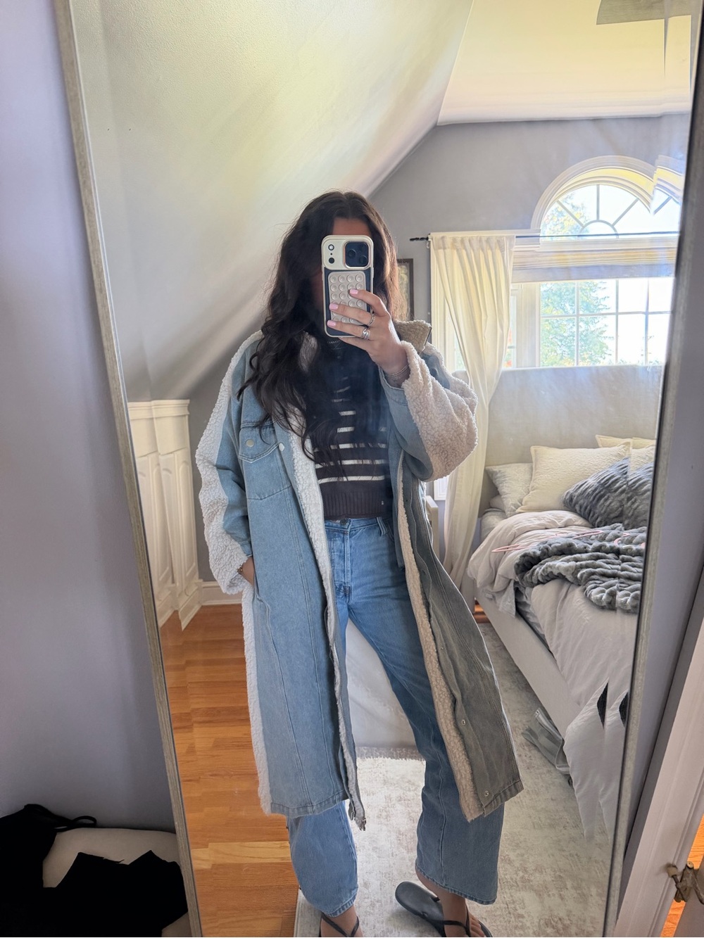 Long Light Blue Denim Sherpa-Trim Coat